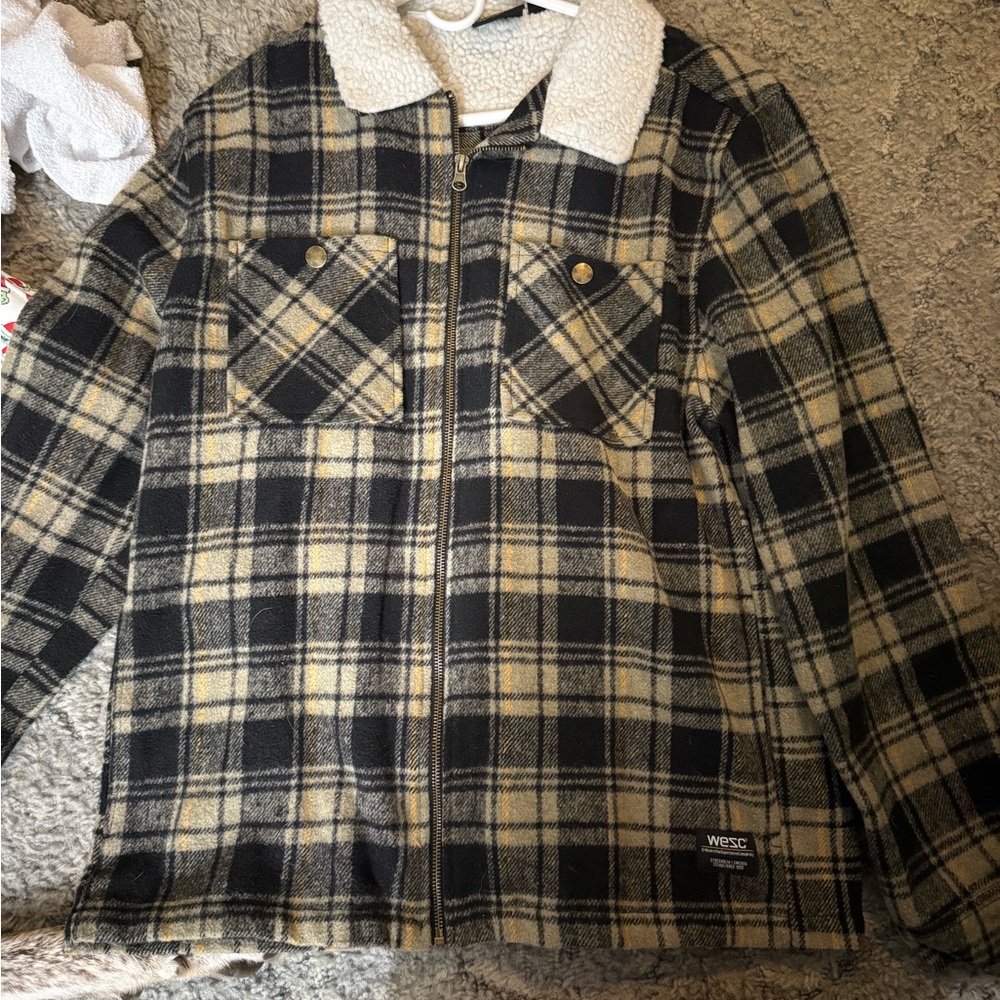 Wesc Black and Cream Plaid Jacket with Sherpa Collar